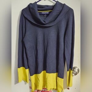 Jones New York Navy and Yellow Color Block Cowl Neck Sweater, Size L